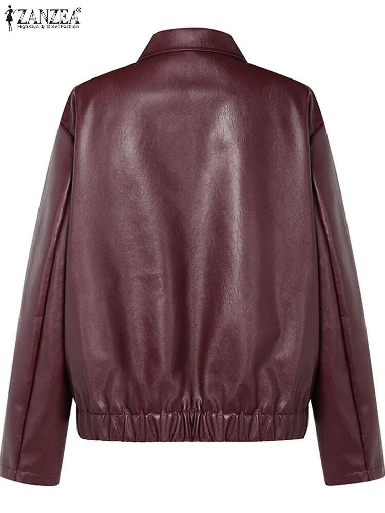 ZANZEA American Retro Women's PU Leather Jackets 2025 Trend Loose Casual Long Sleeve Zip-Up Coats Streetwear Solid Outerwear