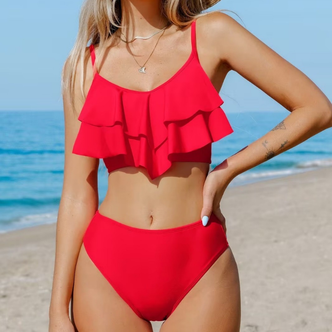 New Sexy Solid Color Double Layer Ruffled Edge Women's Split Swimsuit Bikini