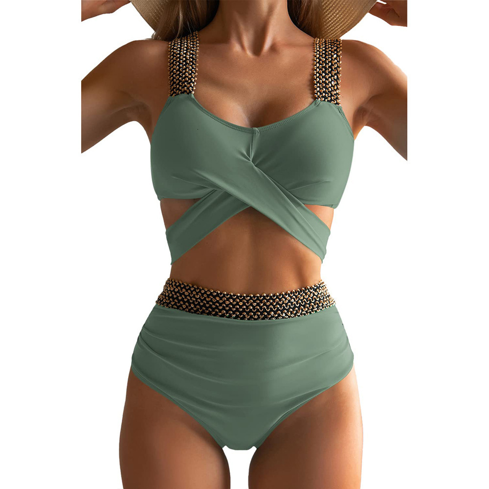 new sexy sequin panel strap paired with solid color cross tie women's bikini swimsuit