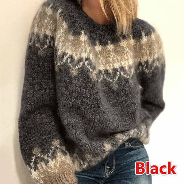 Womens Autumn Winter Sweater Round Neck Printed Loose Casual Pullover Mohair Thick Knitted Jacquard 250109
