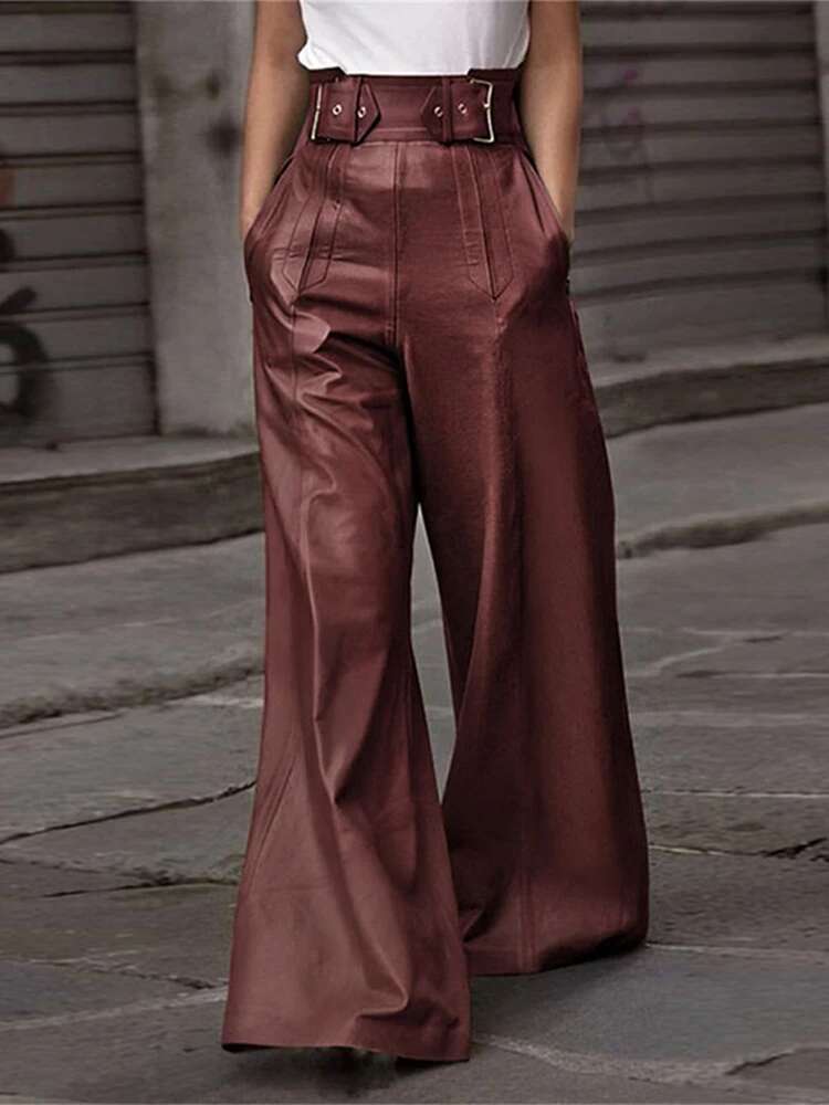 Street Leather Women Trousers High Waist With Belt Flared Or-Length PU Female Long Pants 2024 Autumn Fashion Y2k Lady Pant