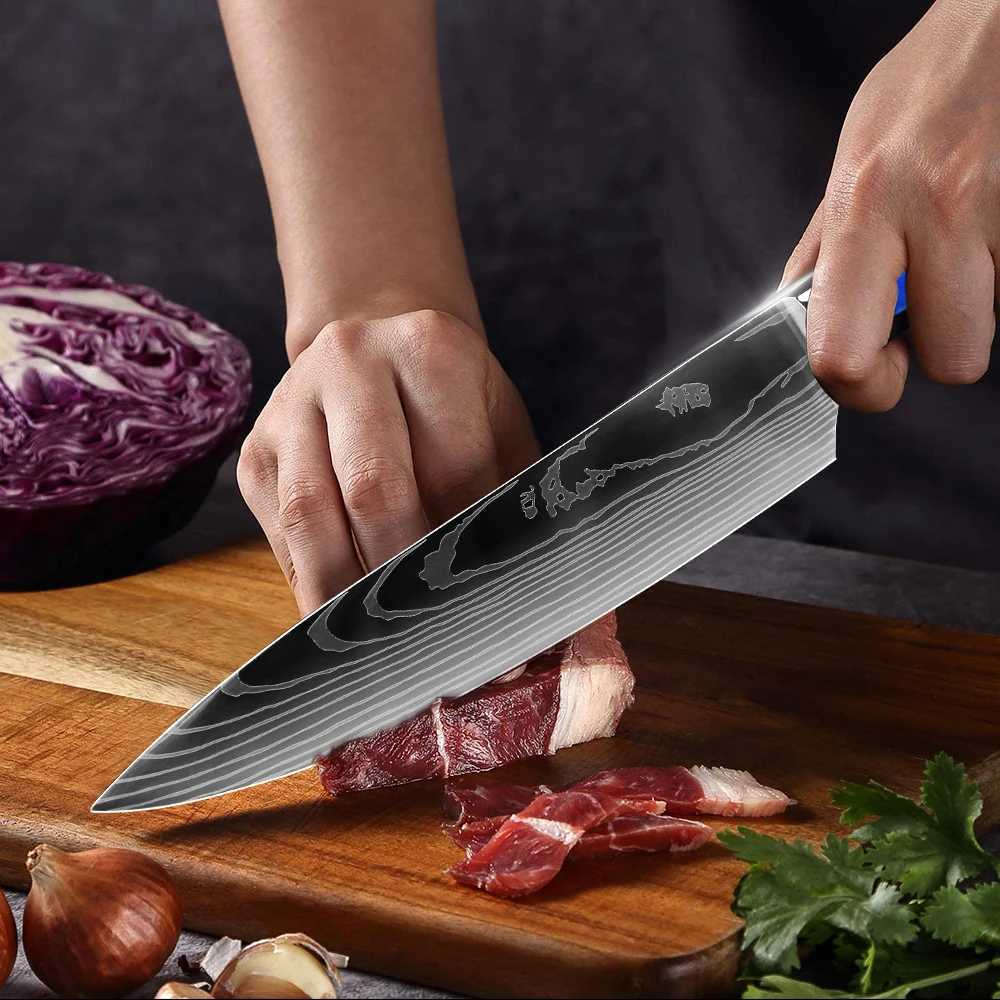Kitchen Knives Set Chef Japanese Santoku Cleaver Slicer Utility Knife Blue Resin Handle Damascus Pattern 7CR17 440C SteelXJ250117