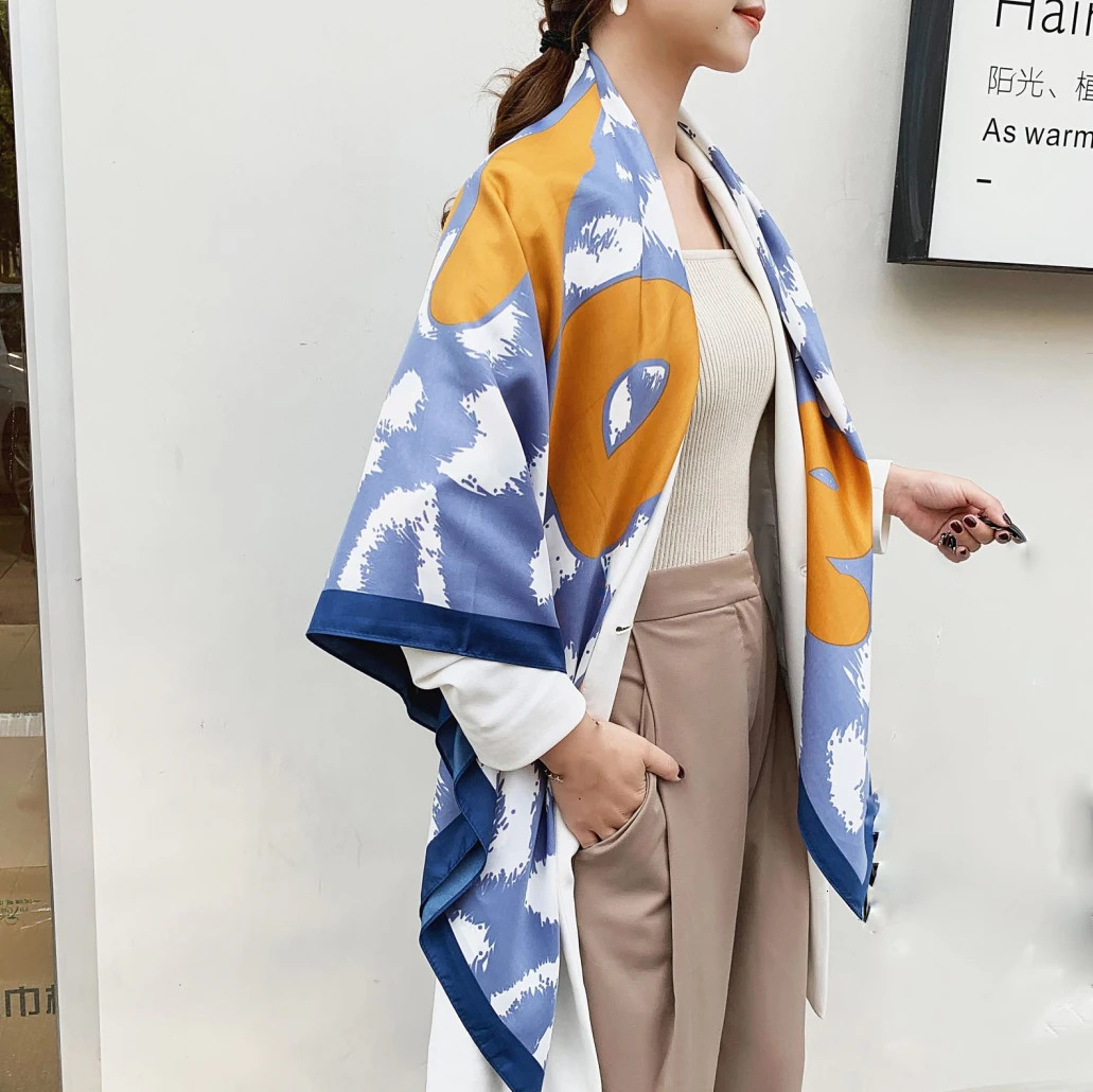 130CM Silk Scarf Women Large Shawls Letter love Print Stoles Square Bandana Kerchief Hijab Female Foulards Sjaal 250108