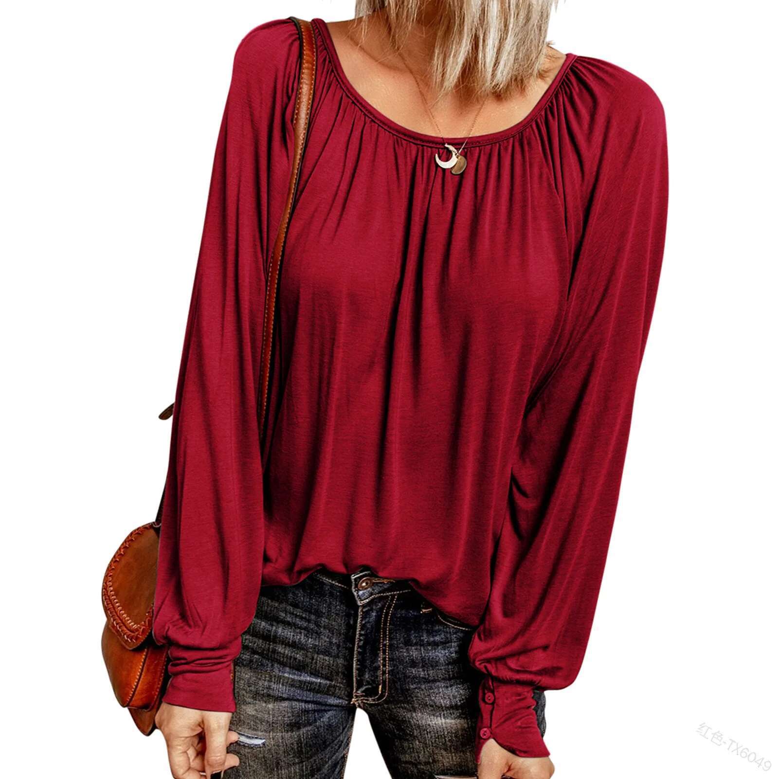 New Solid Color Round Neck Designer T-shirt Casual Pleated Long Sleeved Women's Top