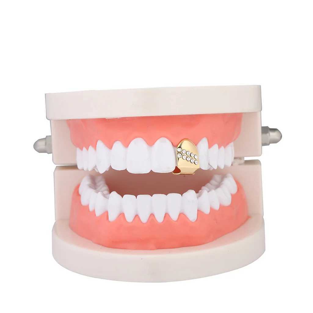 1pc Hip Hop Iced Out Teeth Grillz Gold Plated Dental Grills Rock Tooth Grillz Caps Crystal Teeth Caps Halloween Vampire ToothXJ250114