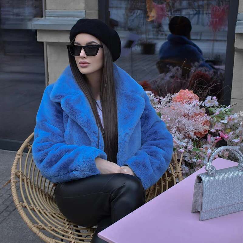 Ins Chic Street Fashion Girls Blue Cropped Plush Coat Women Winter 2024 New Trend Faux Rabbit Fur Jacket Coats Short Outwear