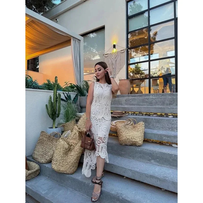 Beautiful fashionable crocheted asymmetrical womens dress chic O-neck sleeveless top short lining tight fitting womens fashion 250110