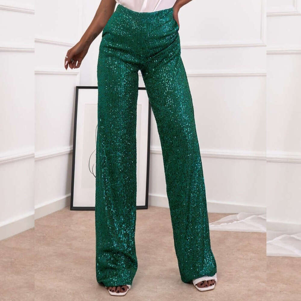 European and American women's hot selg solid color sequins fashionable casual straight leg pants 2025 temperament versatile new trend clothing in