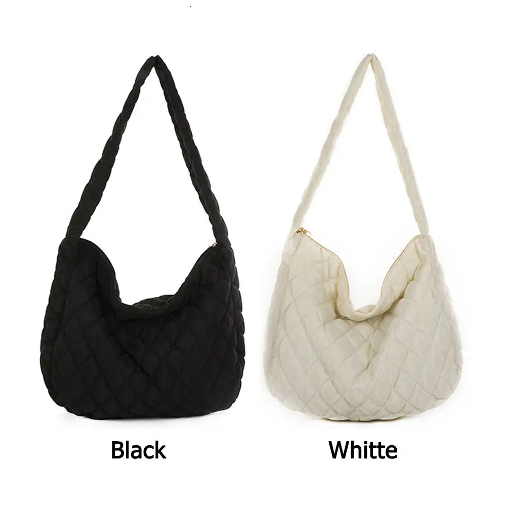 Large Capacity Quilted Tote Bag Lightweight Winter Warm Down Cotton Padded Plaid Shoulder Bags Women Underarm Bags Puffy Handbag 250113