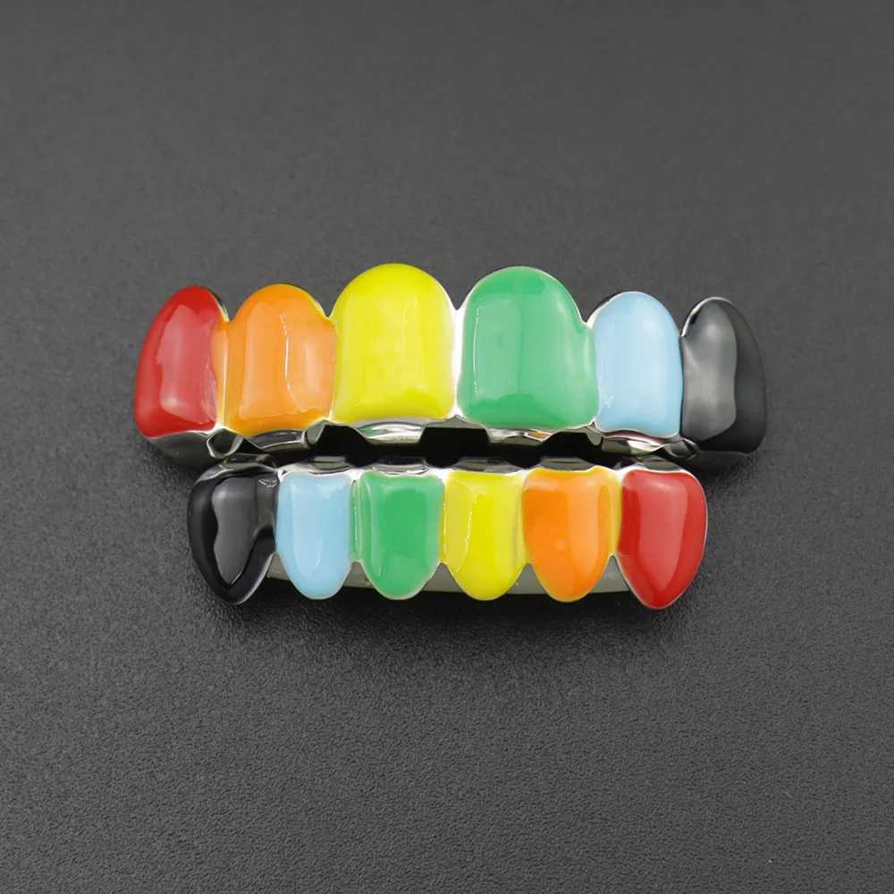 Multi Color Drip Oil CZ Teeth Grillz Caps Cubic Zircon Iced Out MicroTop Bottom Charm Grills For Men Women Hip Hop Jewelry XmasXJ250114
