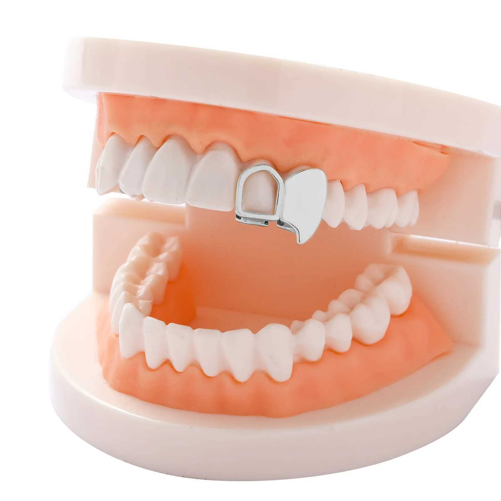 Hip Hop Rapper Single Shackle Teeth Grillz Cap Top Bottom Dental Braces Hollow Out Metal Personality Tooth JewelryXJ250114