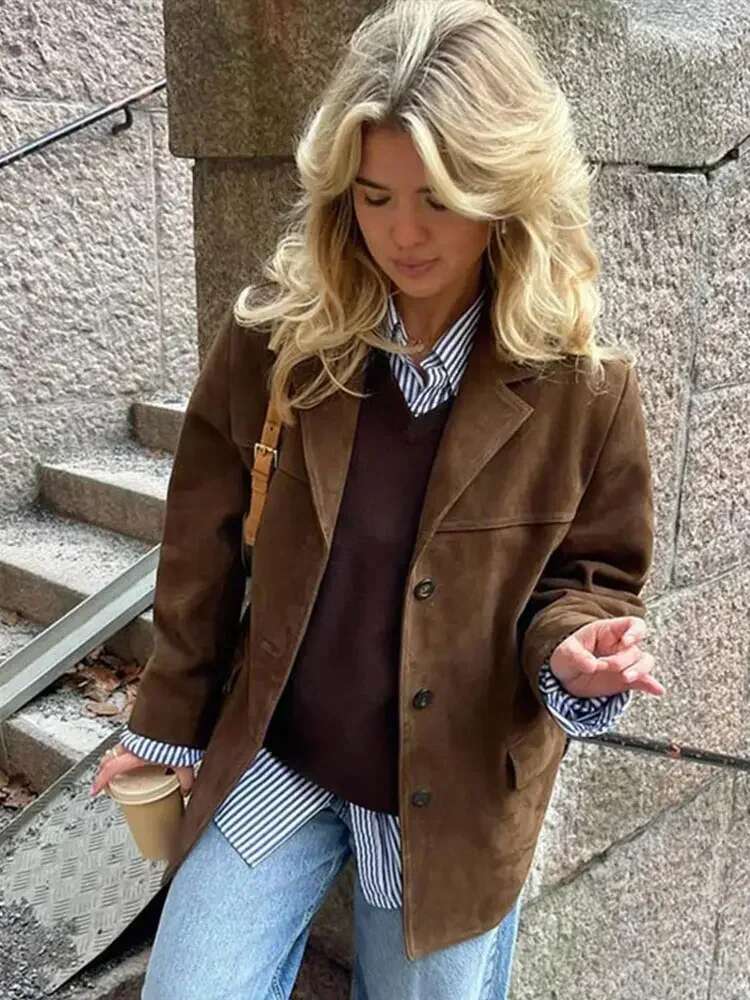 Boyfriend Brown Coat For Women Spring Turndown Collar Long Sleeve Female Jacket 2025 Fashion Loose Single-Breasted Lady Coats