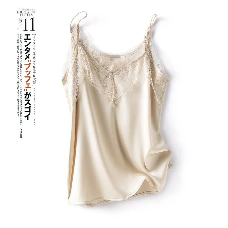 Big Lace Silk Sling Vneck Camisole Women Base Top Camis Satin White Green 250108