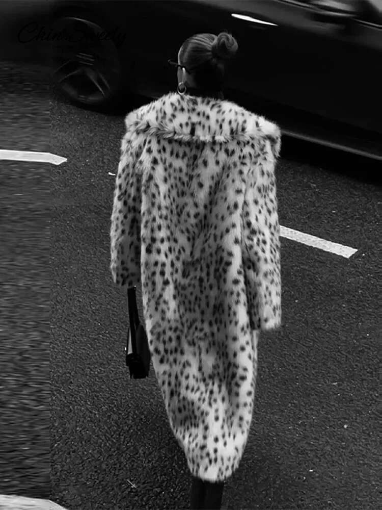 Thicken Faux Fur Overcoat Oversize Leopard Lapel Sleeve Long Coat Women 2024 Autumn Winter Fashion Street Lady Coats