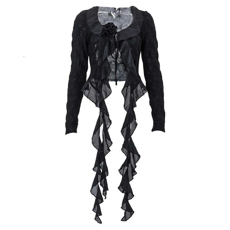 European American spri hot item: mushroom edge tied V-neck mesh pleated transparent cardigan lo sleeved top, new casual and fashionable fashion trend