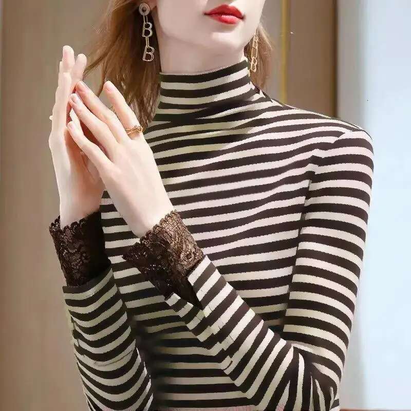 Women's Autumn And Winter New Multifunctional Fashionable Semi High Neck Long Sleeved Solid Color Plush Striped Pullover Shirt Designer T-shirt