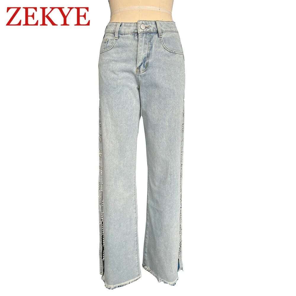 Zekye High-Waisted Wide-Leg Jeans Women's Streetwear Ripped Distressed Hip Hop Punk Baggy Cargo Pants Hollow Out Chain 2024
