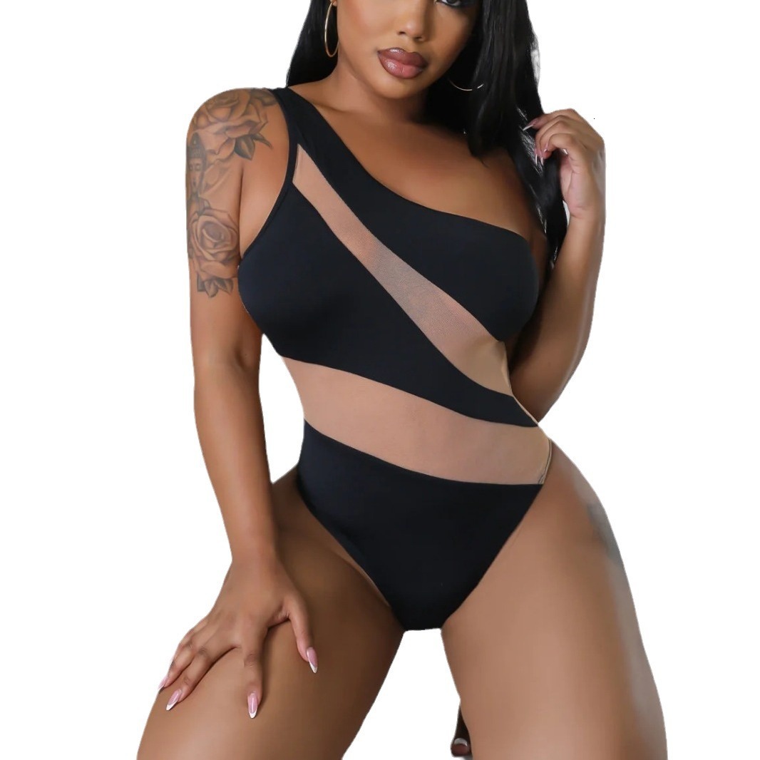 New Sexy Shoulder Mesh Spliced Women's One Piece Swimsuit Bikini