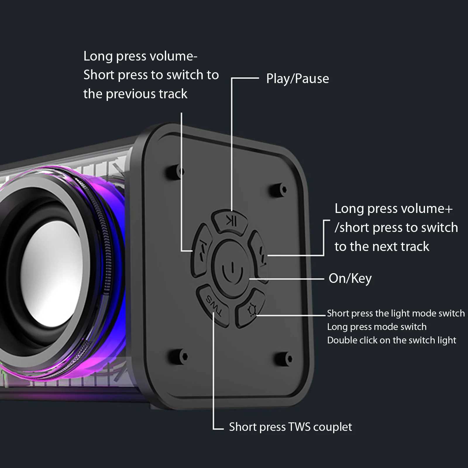 Car Audio 1800mAh Wireless Stereo Speaker Transparent Mecha Music Speakers Colorful Light Bluetooth-compatible 5.0 for Outdoor Home Party H250118
