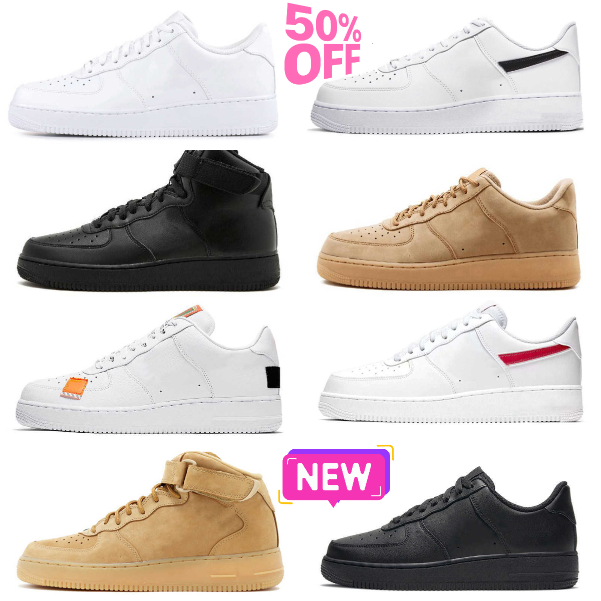 Designers 1 07 Men Low Casual Shoes Classic All White Black Wheat ONE Trainers Skateboard Tennis Unisex Sports Jogging Shoe High Women Running Outdoor Sneakers Y68