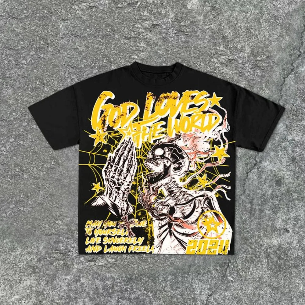 Casual Short Sleeve God Loves The World Graphics 100% Cotton T-Shirt Men Y2K Short Sleeves Oversize Tshirt Streetwear Women Tops 250117