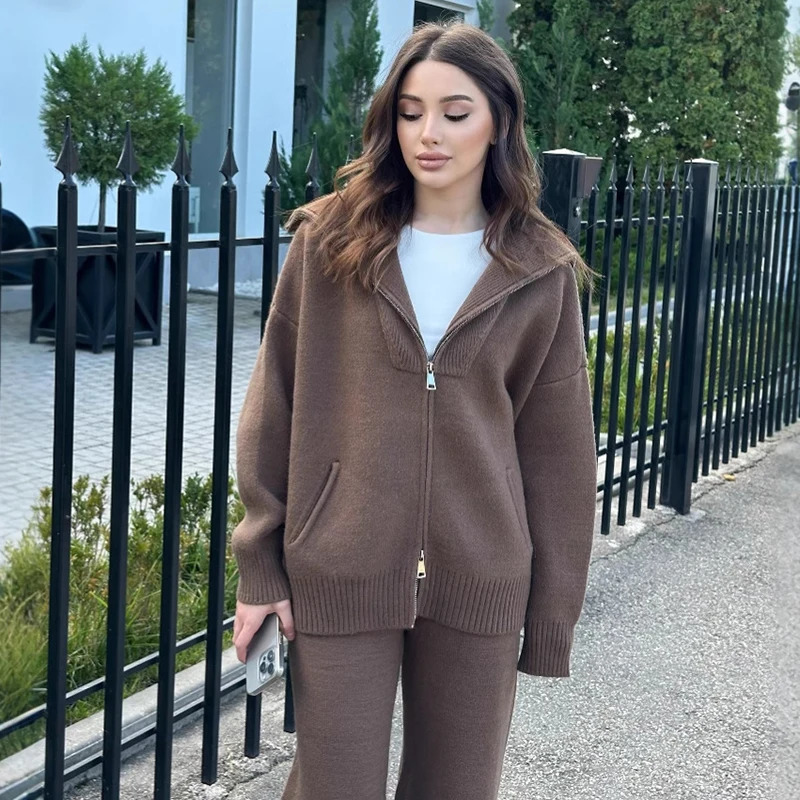 Autumn Winter Fashion Casual Loose Women Two Piece Set Knitted Zipper Long Sleeve Winter Warm Cardigan CoatWide Leg Pants Suit 250113