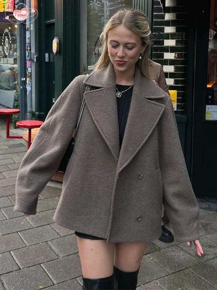 Chic Solid Lapel Long Sleeve Womens Woolen Coats Casual Oversized Pocket Single Breasted Jacket Female Vintage Outerwear 250109