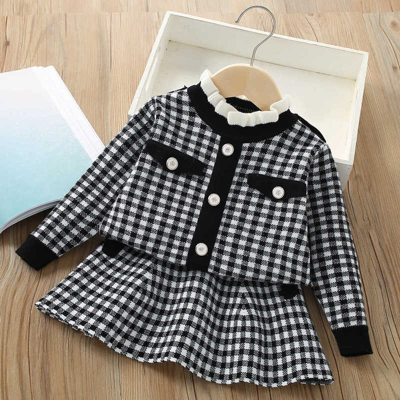 Girl's Dresses Girls' Sweater Set Autumn/Winter New Style Baby Girl's Checkered Small Fragrant Knitted Two Piece Skirt