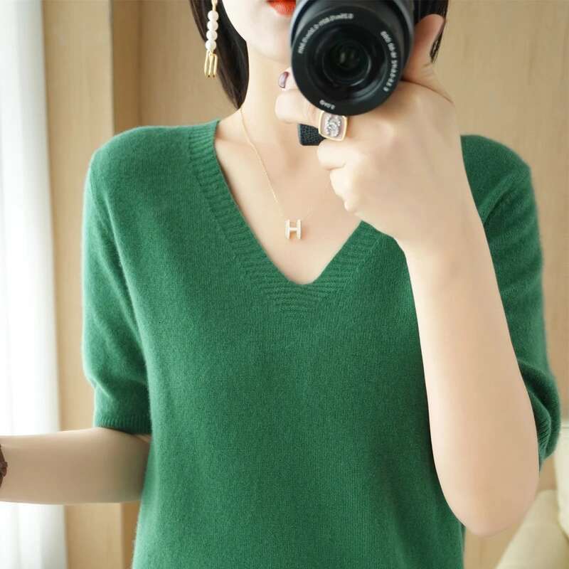 Spring Autumn New Fashion Cashmere Sweater Women Knitted Short Sleeve Pullover Solid Color Loose V-Neck Korean Version Tops