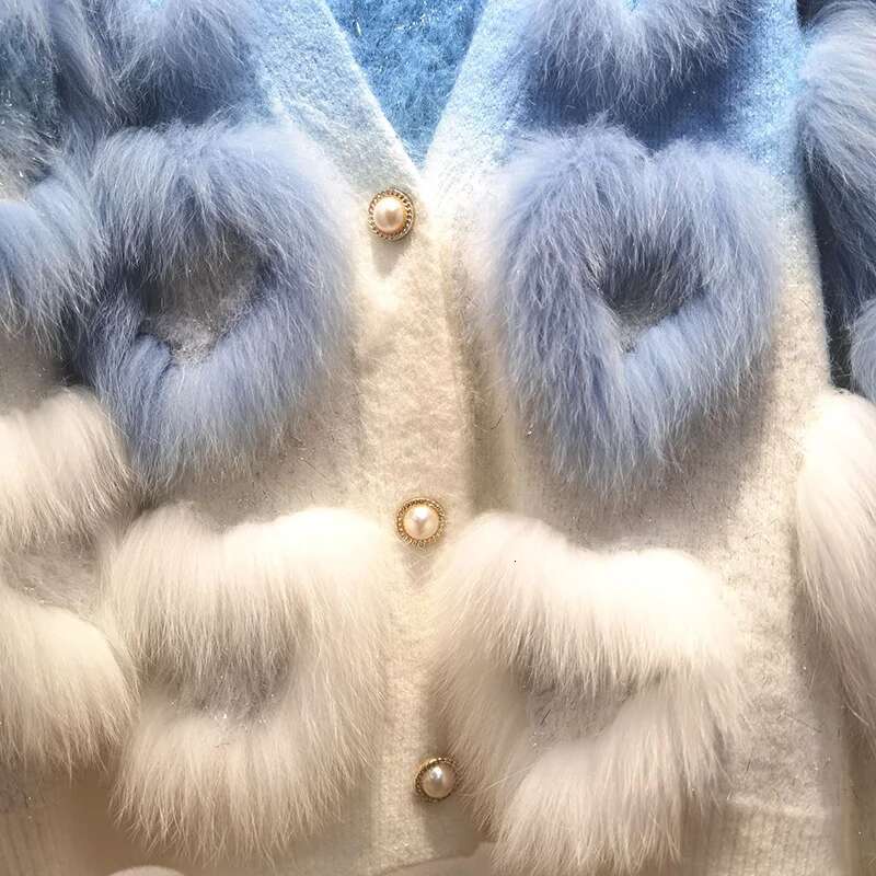 Women Lovely V-Neck Knitted Cardigan With Real Fox Fur Trim Loose Love Sewed Female Long Sleeve Warm Hit Color Sweater