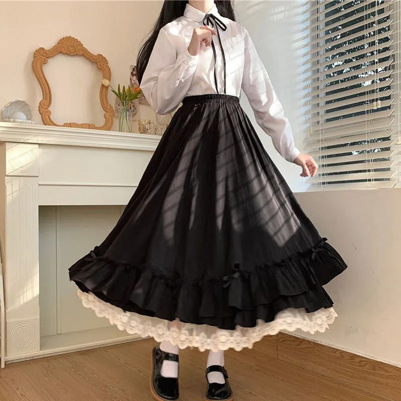 Japanese ruffles pleated skirt woman sweet high waist loose Anklelength skirts women college style black patchwork Aline 250108