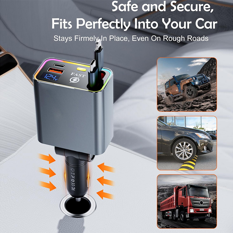 4-Port Retractable Car Charger - 144W Dual Type-C & USB A, Compatible with iPhone 16 Pro/16/15 Pro, Samsung Galaxy, Android Devices