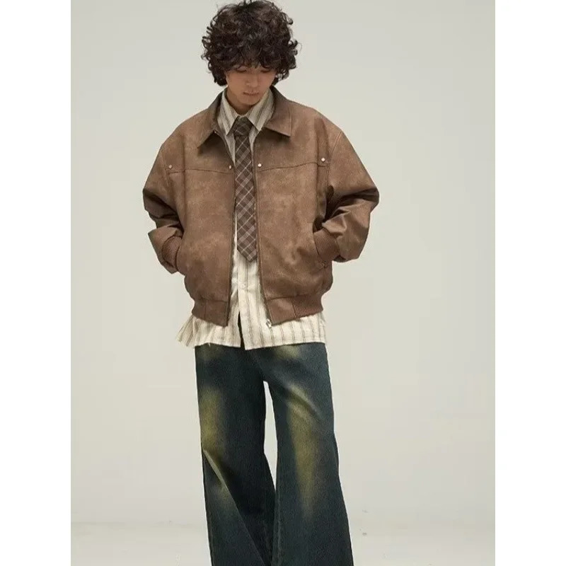 Spring Autumn Style American Vintage Distressed Brown Leather Jacket For Men High End Feel Clean Fit Jacket 250109