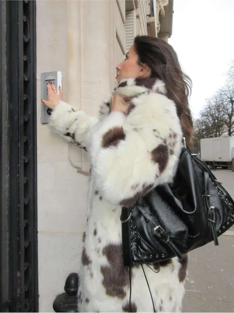 Ed Faux Fur Effect Long Coat Leopard Printed Toka Suit Collar Women's Fluffy Overcoat Fashion Elegant Plush Outwear Winter