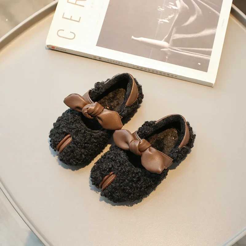 New Girls Cotton Shoes Winter Fluffy Children Plush Flat Shoes Warm Simple Kids Fashion Causal Shoes Sweet Bowtie Soft BottomXJ250118