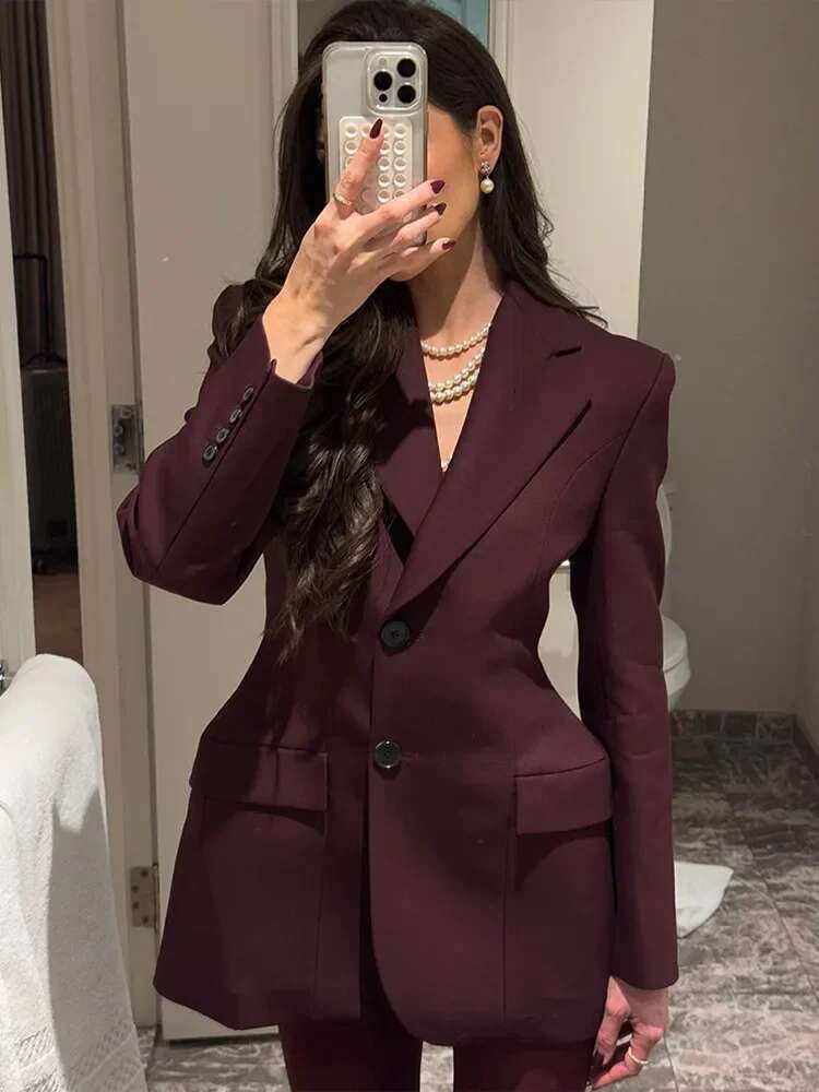 Fashion Casual Bury Red Women Slim Blazer Elegant Lapel Single Breasted Long Sleeved Padded Shoulder Suit Jackets
