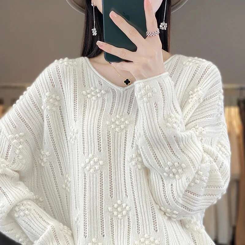 Women's Pullover Sweater 2024 Autumn Winter Hollow Out V-Neck Ladies Knitting Jumper Loose Age Reduction Female Bottoming Tops