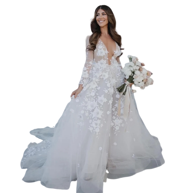3D Floral Appliques Boho Wedding Dresses Long Sleeves Deep V-neck Backless Sexy Bridal Gowns Court Train Romantic Beach Vestido De Novia 2025