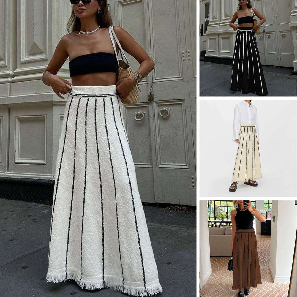 European American women's hot selg striped tassel knitted skirt 2025 new style temperament chic and elegant clothing
