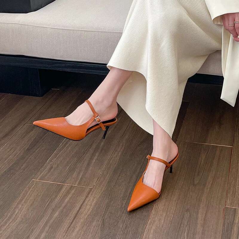 Chic Pointed Toe Stiletto Pump Sandals Woman Slip-on Mule Slides Ladies Elegant Buckle Strap High Heel Evening Party Shoes