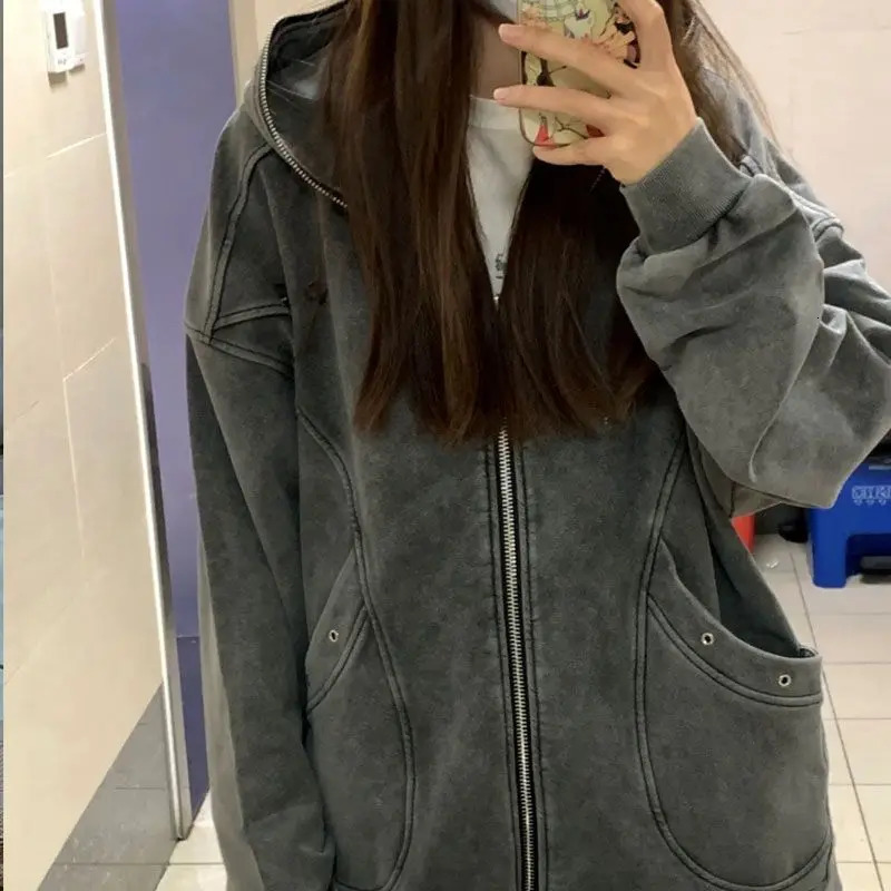 High Street Y2k Jackets Hooded Pockets Zipper Solid Color Long Sleeve Coats Harajuku Vintage Autumn Casual Loose Women Clothing 250113