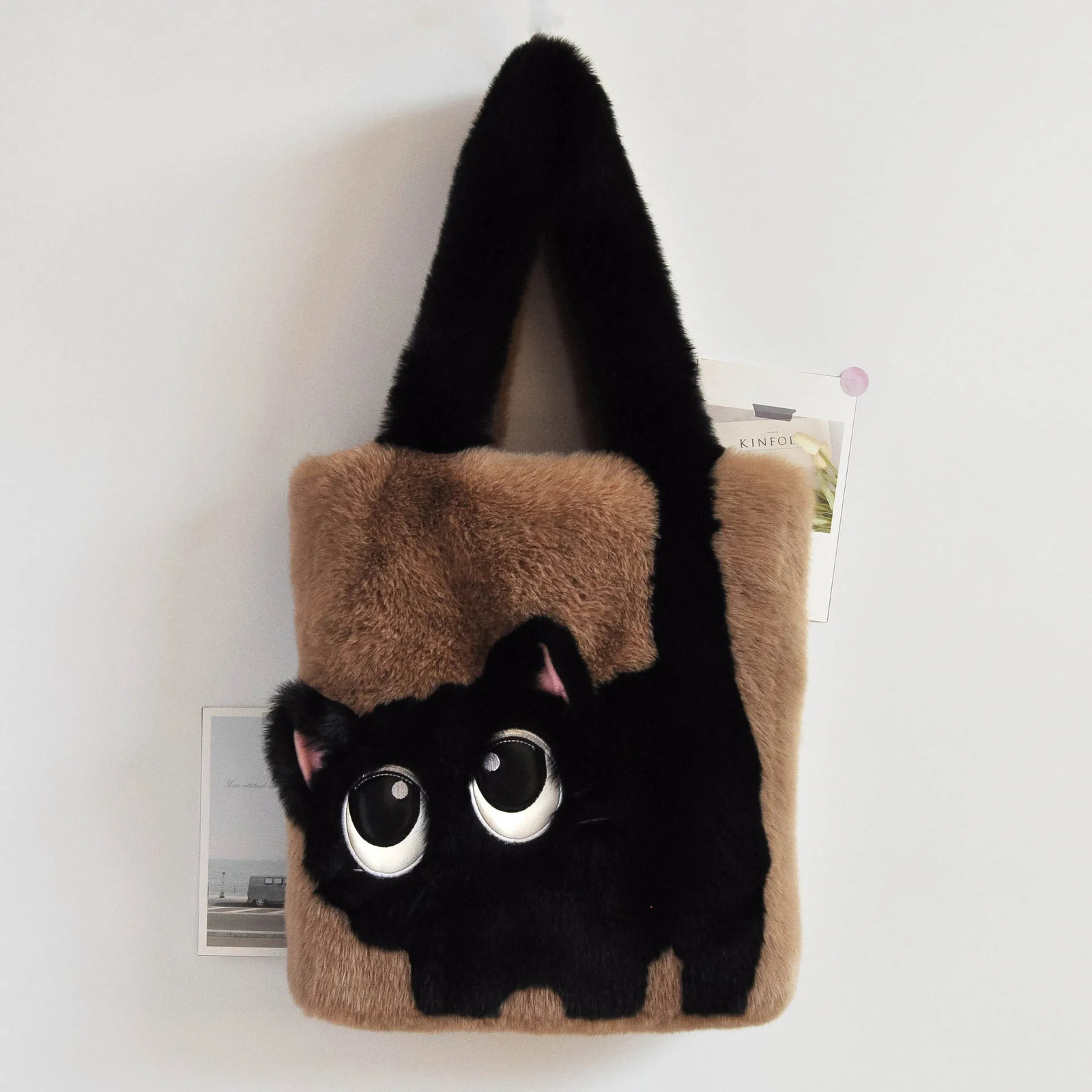 Winter Plush Bag For Women Large Capacity Creative Cat Cartoon Contrasting Color Stitching Embroidered Tote Bag Handbag 250113