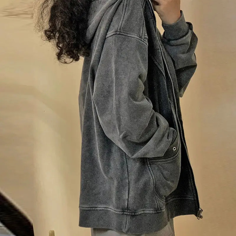 High Street Y2k Jackets Hooded Pockets Zipper Solid Color Long Sleeve Coats Harajuku Vintage Autumn Casual Loose Women Clothing 250113