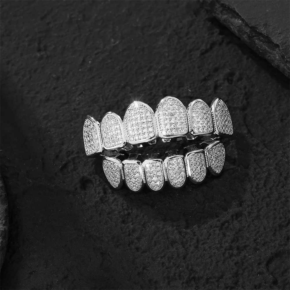 Hip Hop Full Iced Out Teeth Grillz Caps Bling Cubic Zircon Top Bottom Charm Grills Set For Men Women Jewelry GiftXJ250114