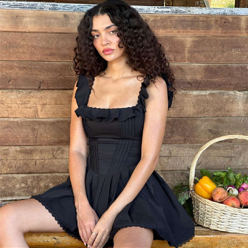 Ins European and American Summer French Style Square Collar Mushroom Edge Fishbone Bundle Dress Women's New Casual Fashion Trendy Clothing
