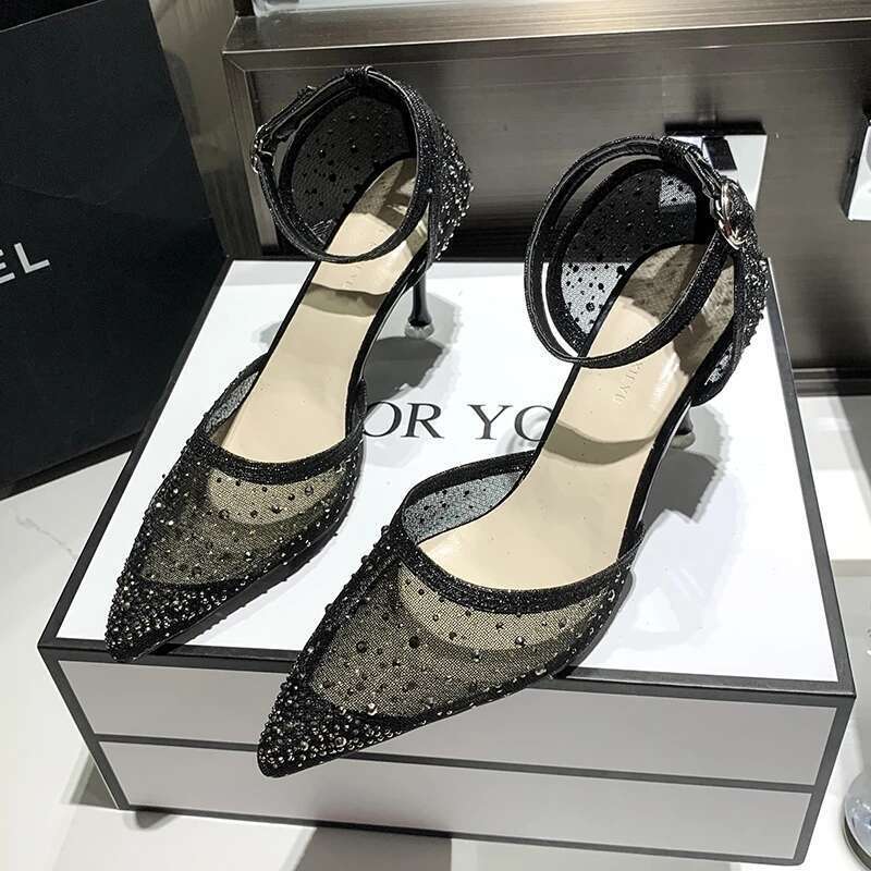 Women Heels Mesh Elegant Heeled Shoes Sexy Nude Wedding Bride Woman Dress Urban Gold Clear Rhie Pointed Toe Pumps