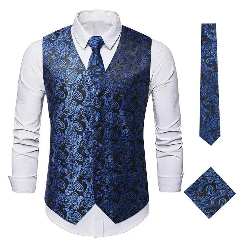 Elegant Mens Paisley Jacquard Vest 3pcs Waistcoat with Tie Pocket Square Set for Male Sleeveless Jacket Wedding Business Party 250114Z