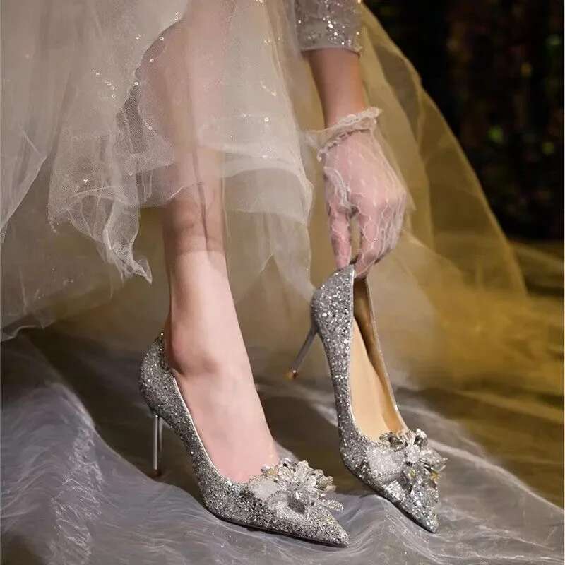 Wedding Shoes For Women Bride High Heels Stiletto Sier Gold Elegant Dress Evening Parties Pointed Toe Designer