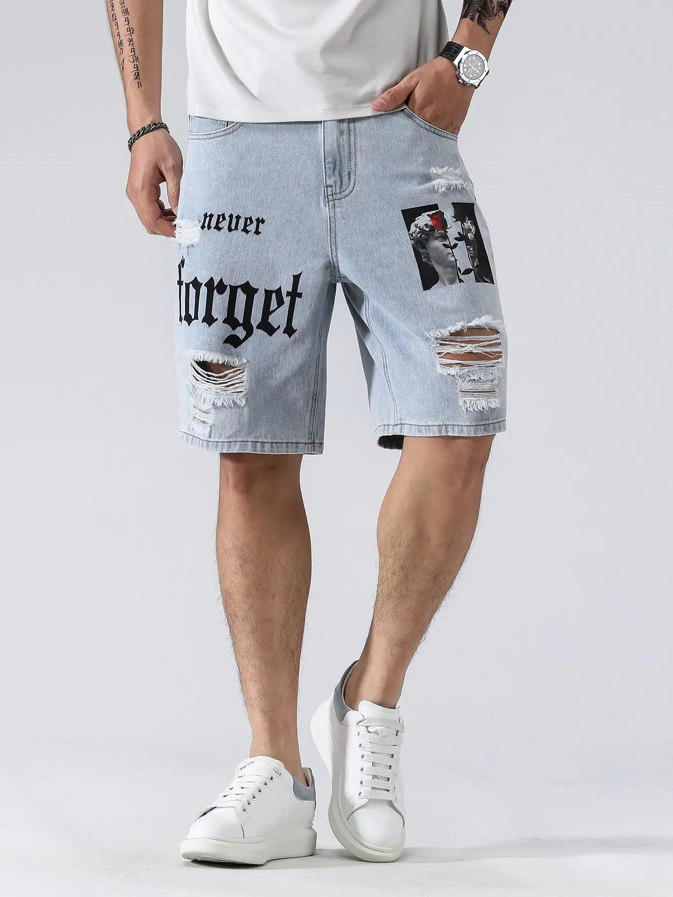 Men Summer Stretchy Denim Shorts Jeans For Men Streetwear Letter Ripped Knee length Baggy Comfort Cargo Casual Shorts Pants Jean 250109