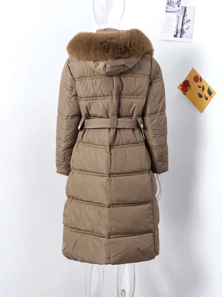Elegant Cotton Padded Down Coats Women Hooded Furs Collar With Belt Thicken Female Parkas 2024 Winter Fashion Lady Snow Wears